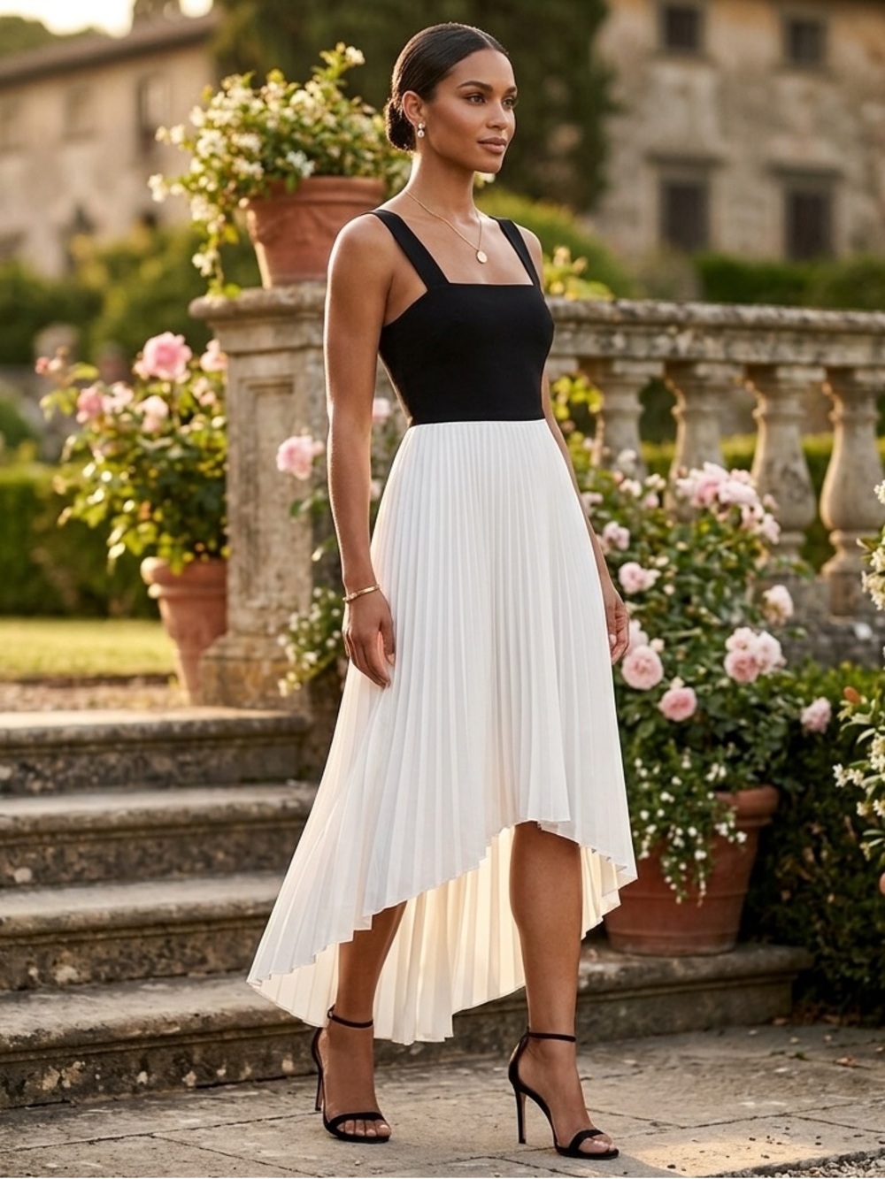 Jennifer Lopez Black and White Asymmetrical Midi Dress